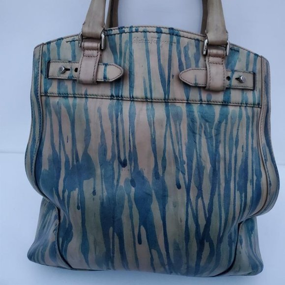 Salvatore Ferragamo Handbags - Ferragamo leather tote bag painted XL purse gray green brown beige blue stripes